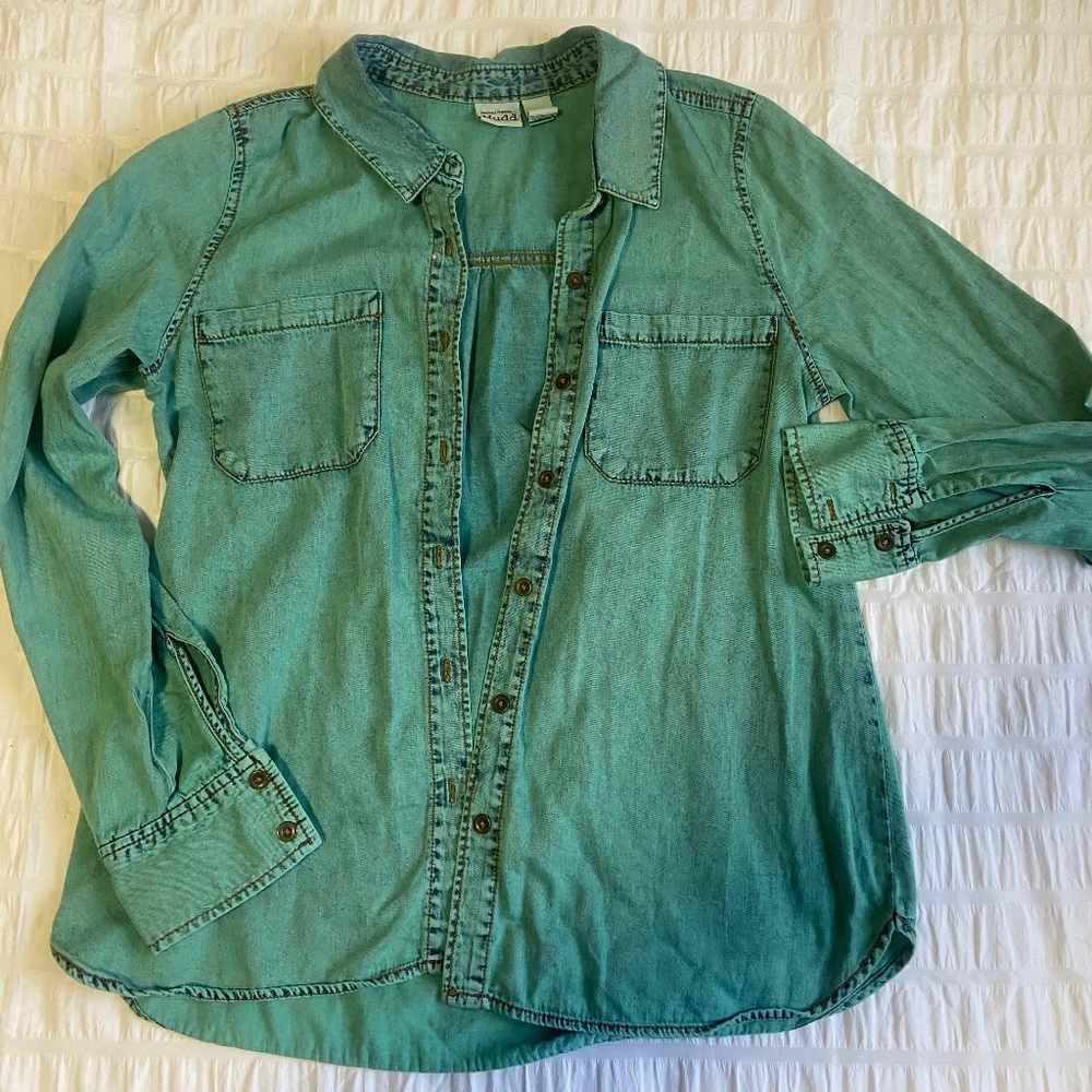 Mudd Teal Green Blue Cotton Button Up Shirt, Size Large